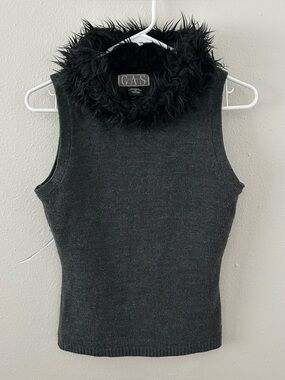 Vintage 90s Y2K Faux Fur Collar Sleeveless Sweater Tank Top Grey Knit Size M GAS